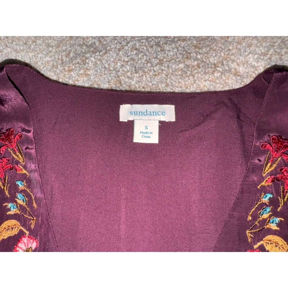 Sundance Embroidered Blouse Women's Small Burgundy V-Neck Bell Sleeve Boho - Picture 7 of 12